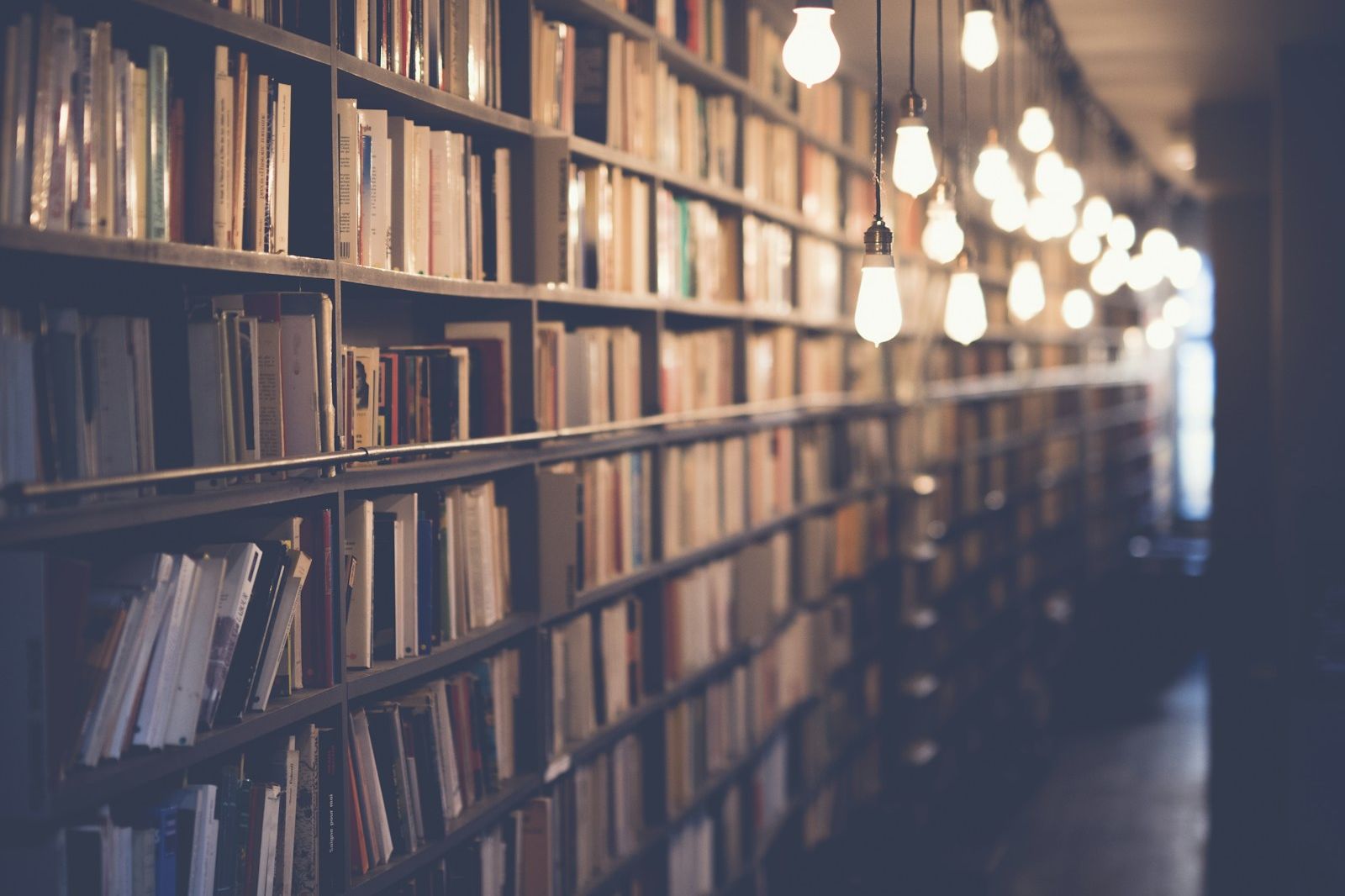 The shelves of a library, seen down a long reading room